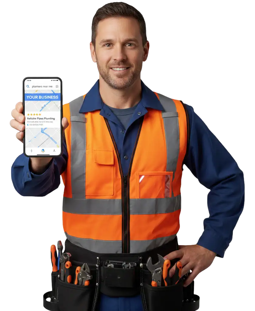Plomero de Houston usando teléfono inteligente para gestionar llamadas y citas comerciales - representando negocios locales siendo encontrados en línea